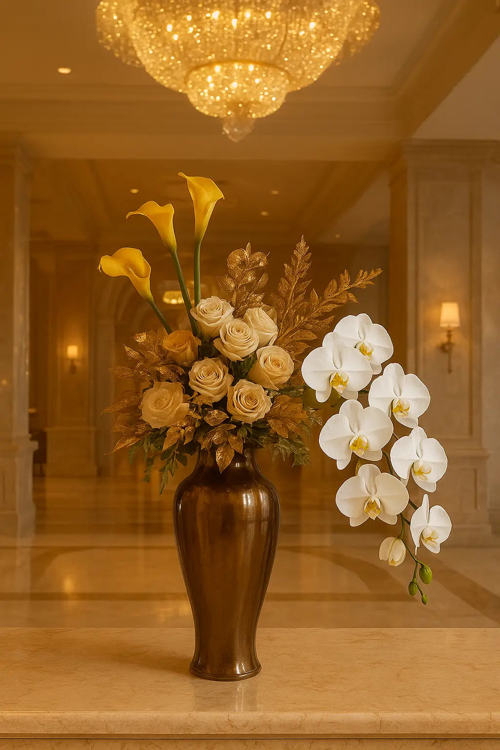 Luxury white orchid floral arrangement with gold accents at Acqualina Estate front desk, enhancing the resort’s elegant Mediterranean style.