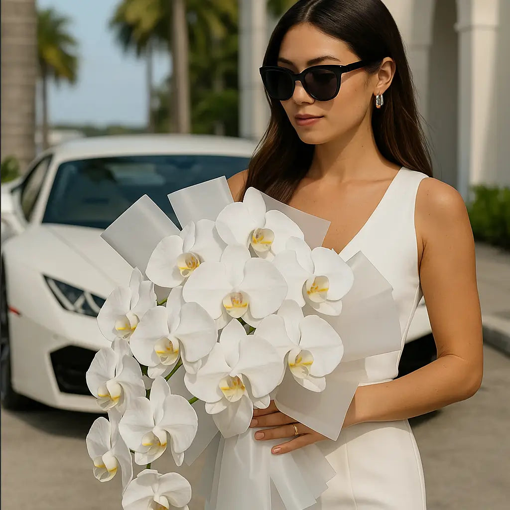 Angel Wings bouquet with white orchids — luxury flower delivery Miami with Lamborghini and elegant minimal packaging