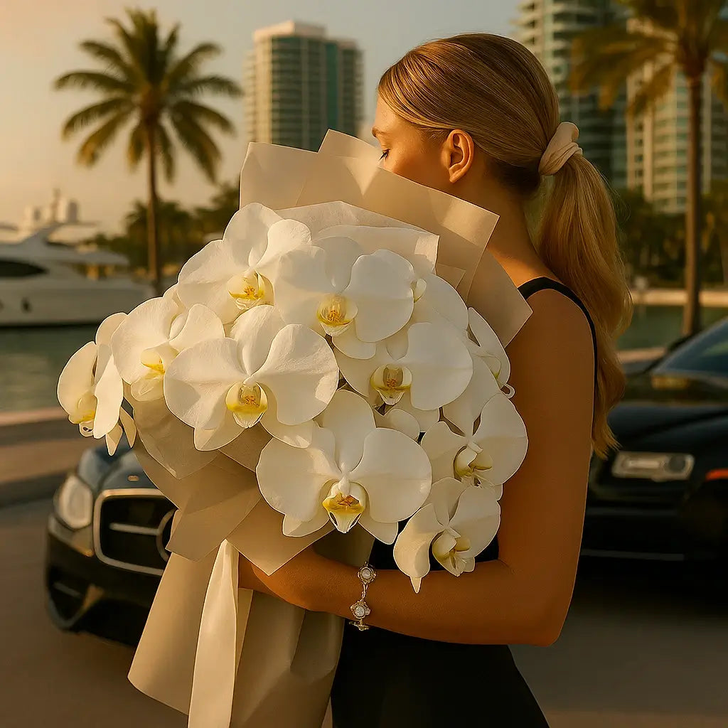 Angel Wings bouquet with white orchids — luxury flower delivery Miami