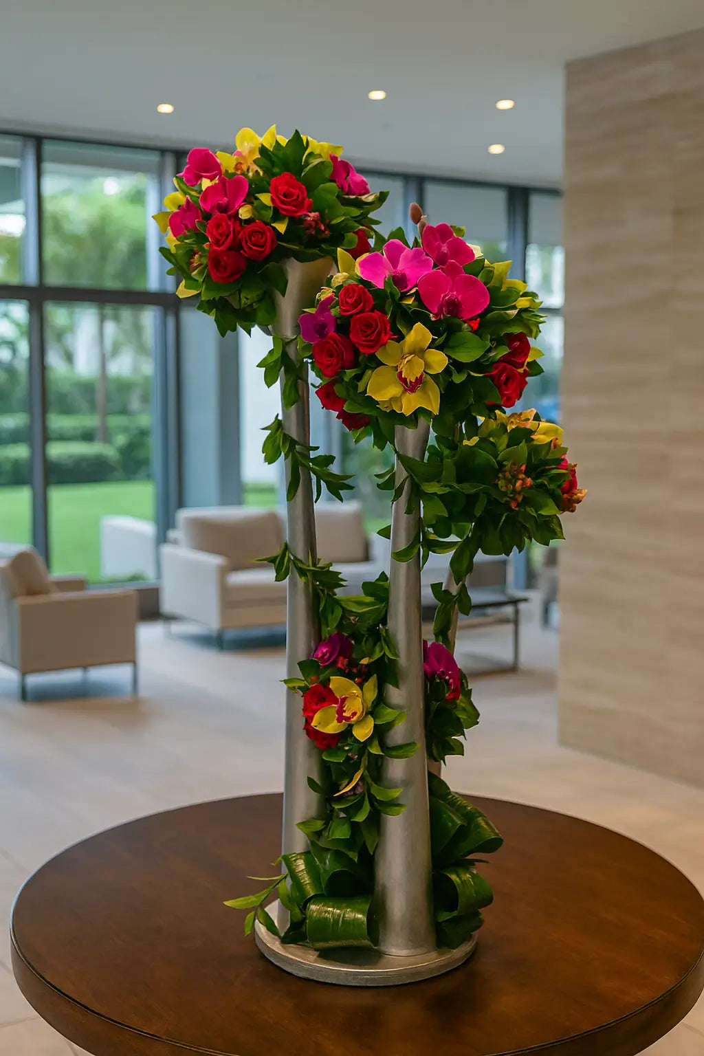 Tall floral arrangement with vibrant red roses, purple orchids, and yellow flowers displayed in a modern glass lobby interior at Atlantic III at the Point.