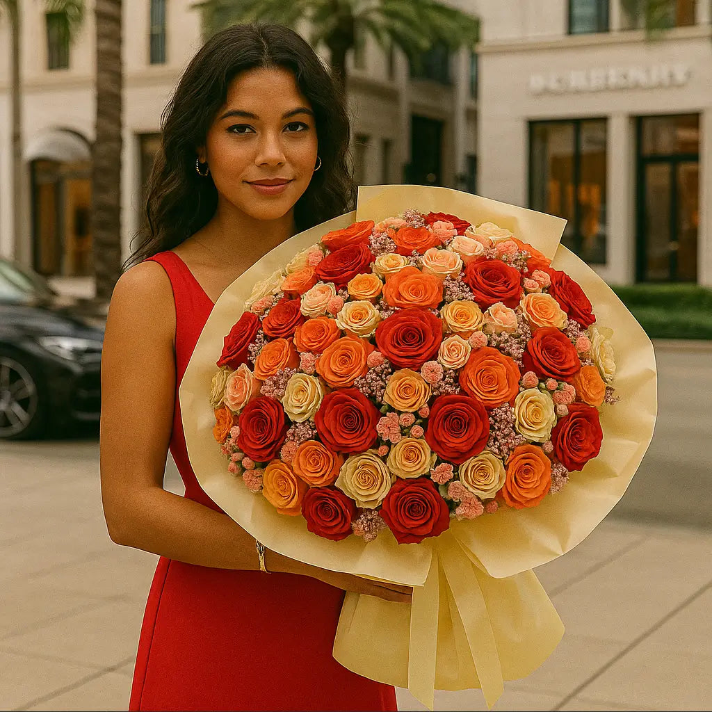 Autumn Shades bouquet with 150 roses in red and peach hues wrapped in yellow paper — luxury gifting in Miami city