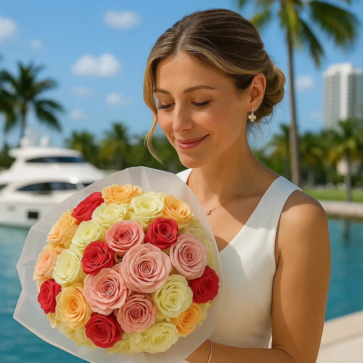 Hand-tied bouquet of pastel pink, red and peach roses — luxury flower delivery Miami, perfect for romantic surprises