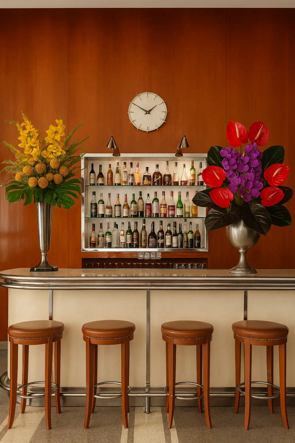 Cipriani Downtown Miami bar counter with symmetrical art deco compositions: yellow orchids and green foliage on the left, red anthuriums and purple orchids in silver vases on the right.