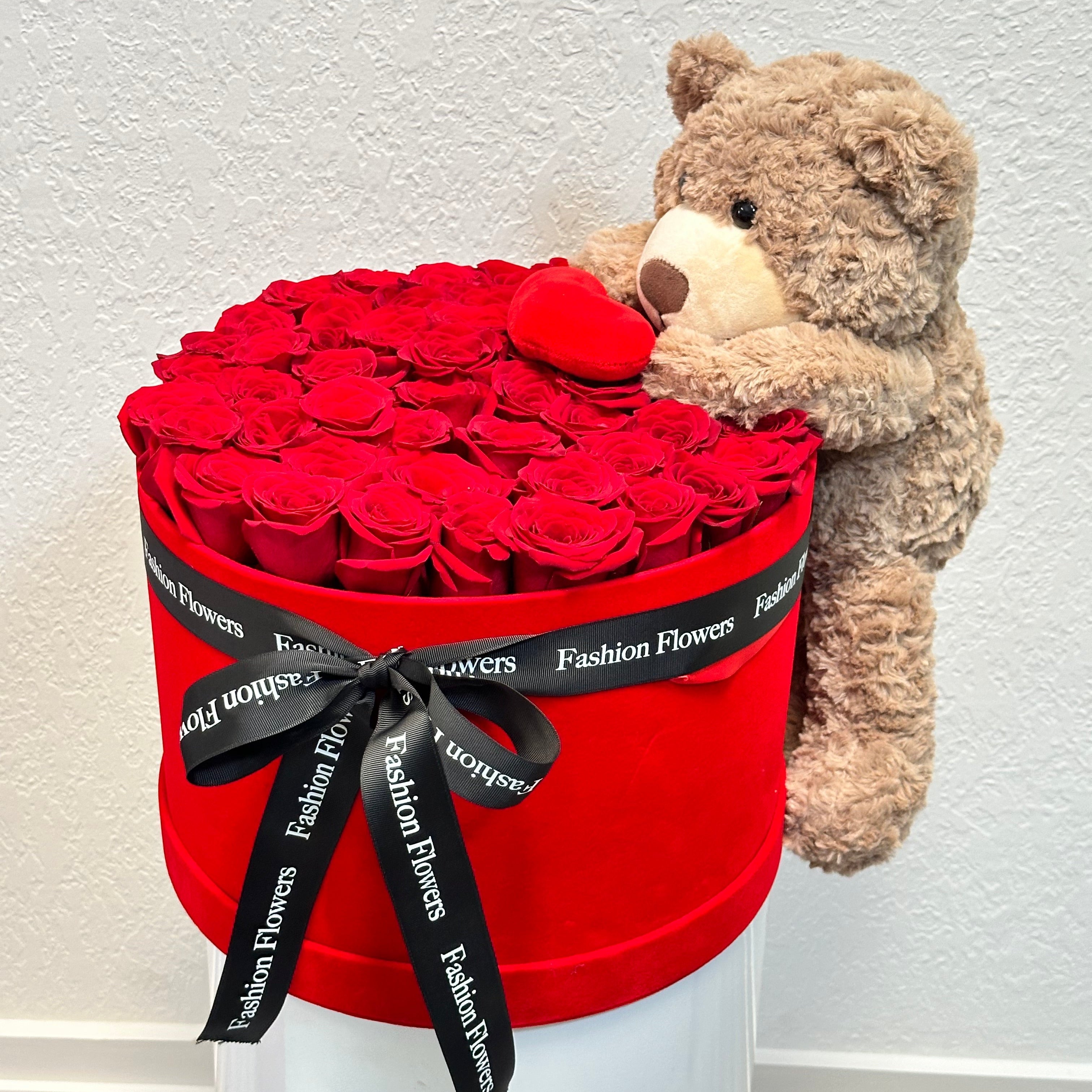 Luxury box of red roses with teddy bear for elegant gifting â same-day flower delivery Miami