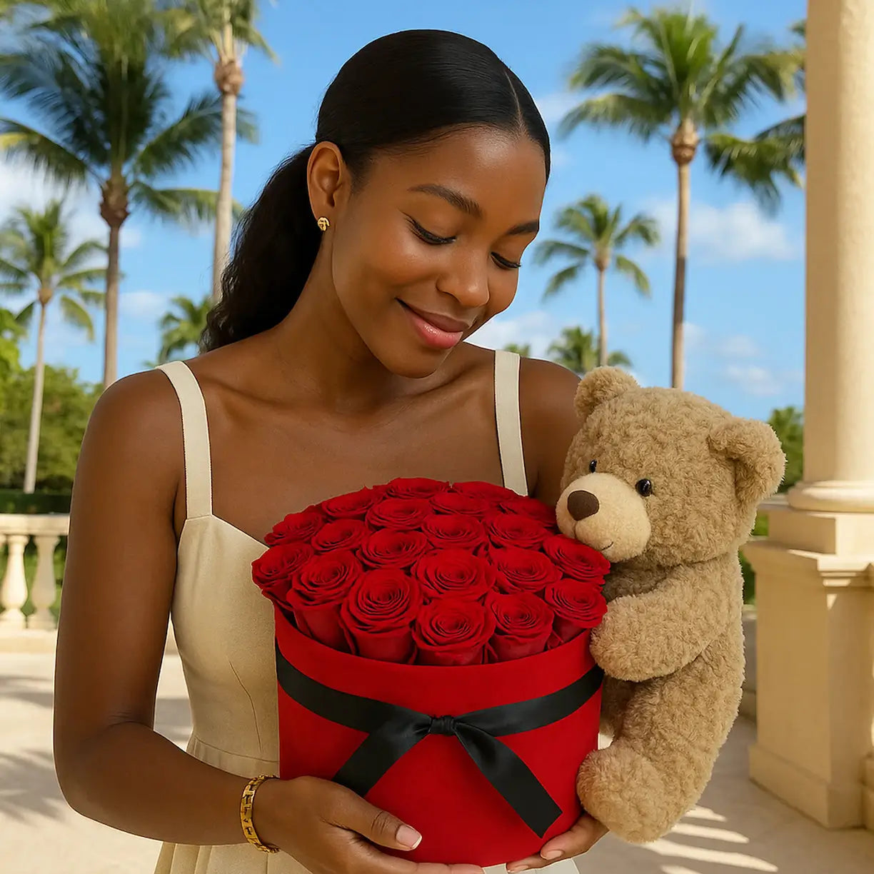 Luxury box of red roses with teddy bear for elegant gifting â same-day flower delivery Miami