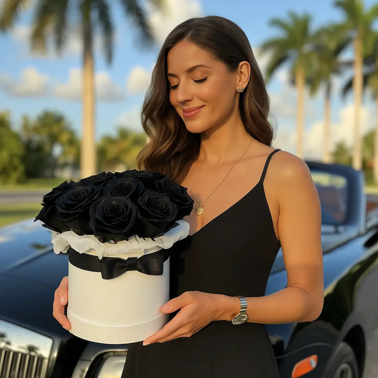 Romantic black rose bouquet in a white box with a luxury car backdrop — premium flower delivery Miami