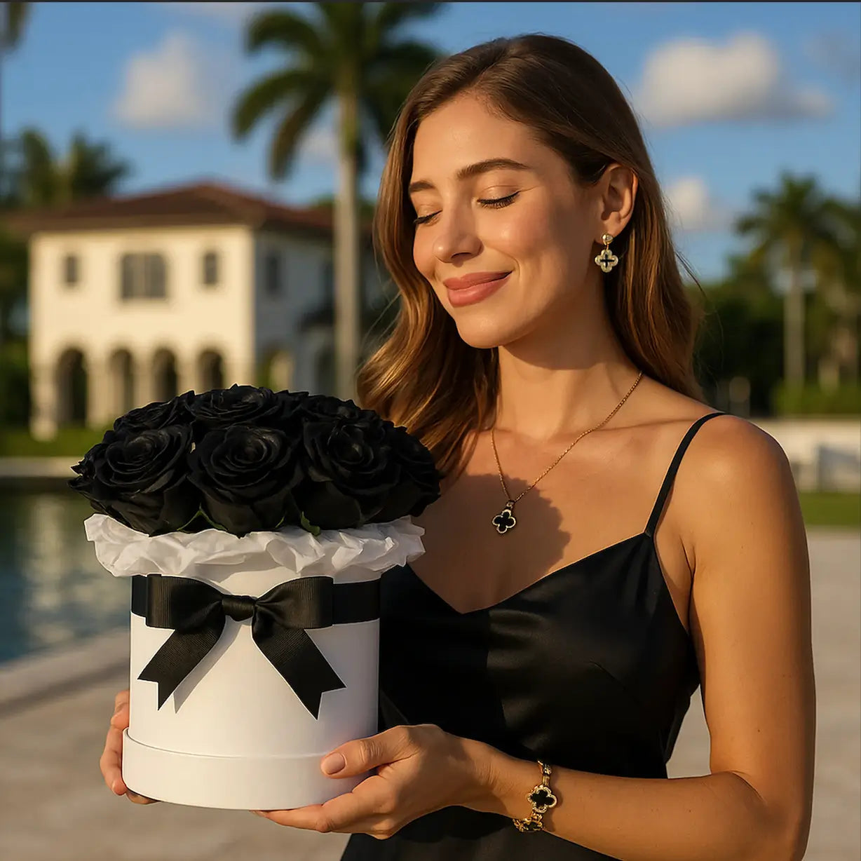 Luxury black roses in white designer box by the villa — handcrafted elegance for same-day flower delivery in Miami