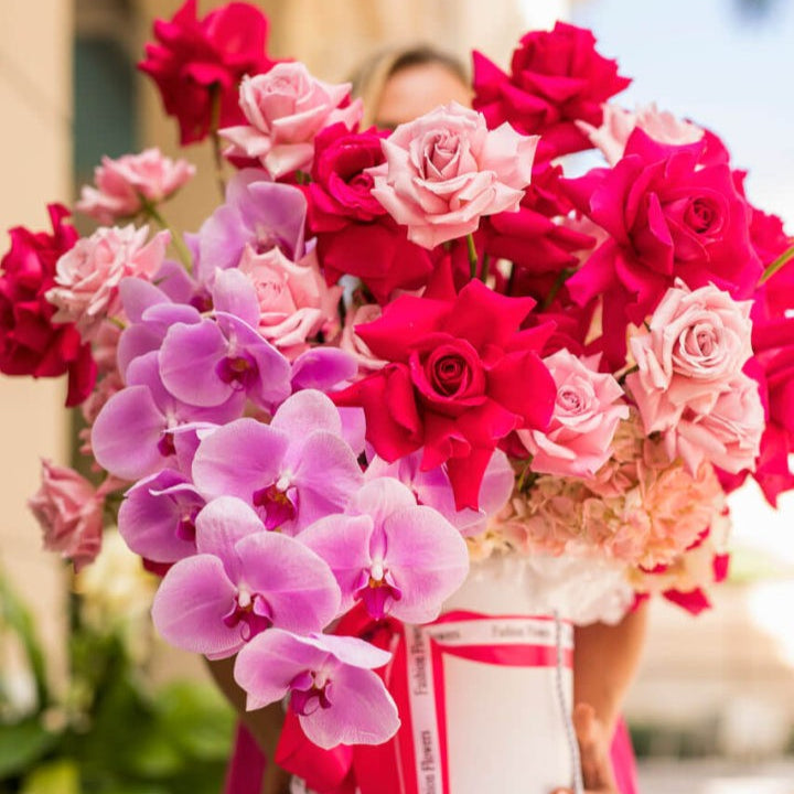 Blooming Cherry bouquet with soft pink roses and orchids â luxury hand-tied flower delivery in Miami