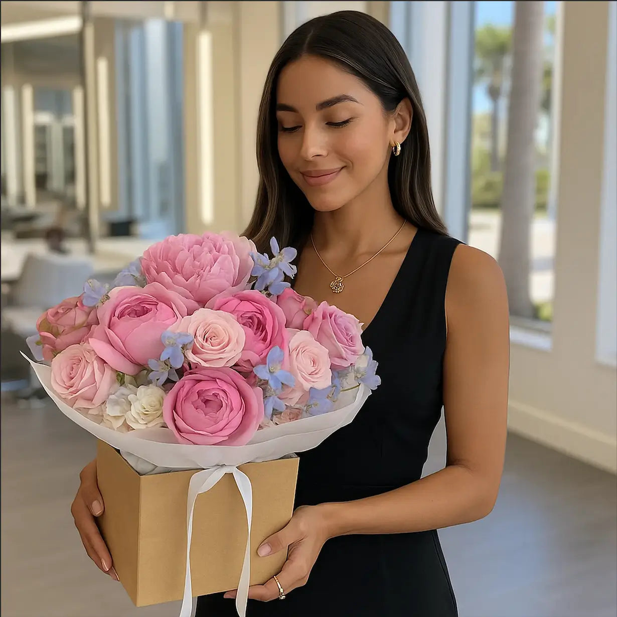 Blooming Melody bouquet with pink peonies and roses — luxury hand-tied flower delivery in a beauty salon, Miami