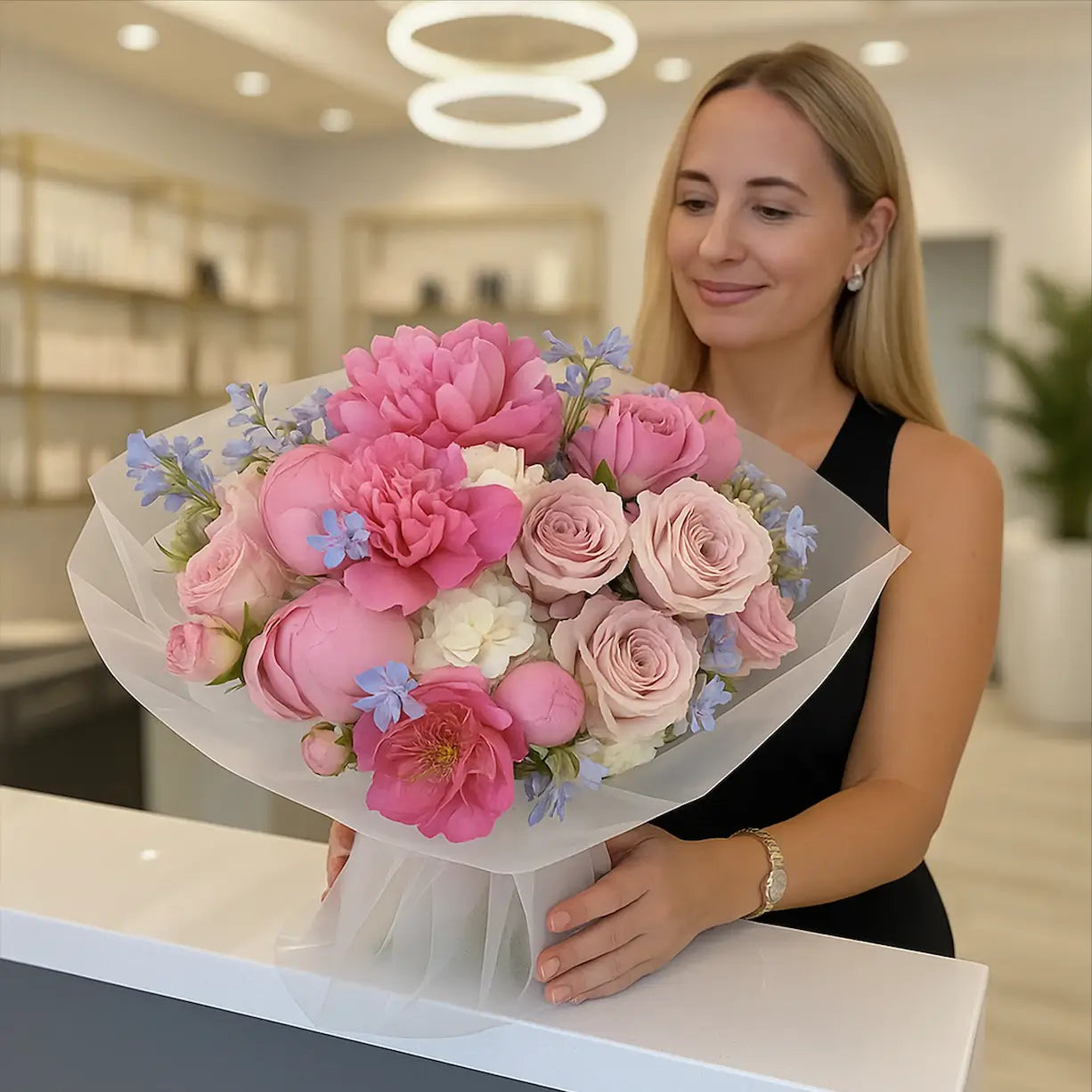 Blooming Melody pink bouquet with peonies and delphinium — elegant reception flower delivery Miami