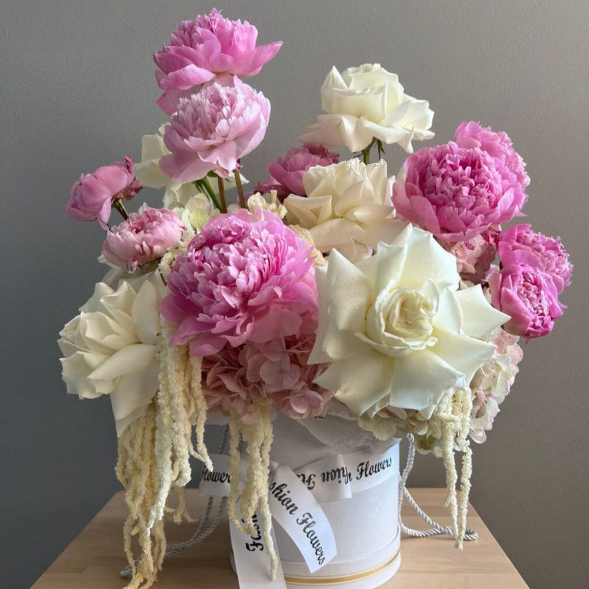Elegant white and pink bouquet with peonies and roses â luxury floral delivery Miami