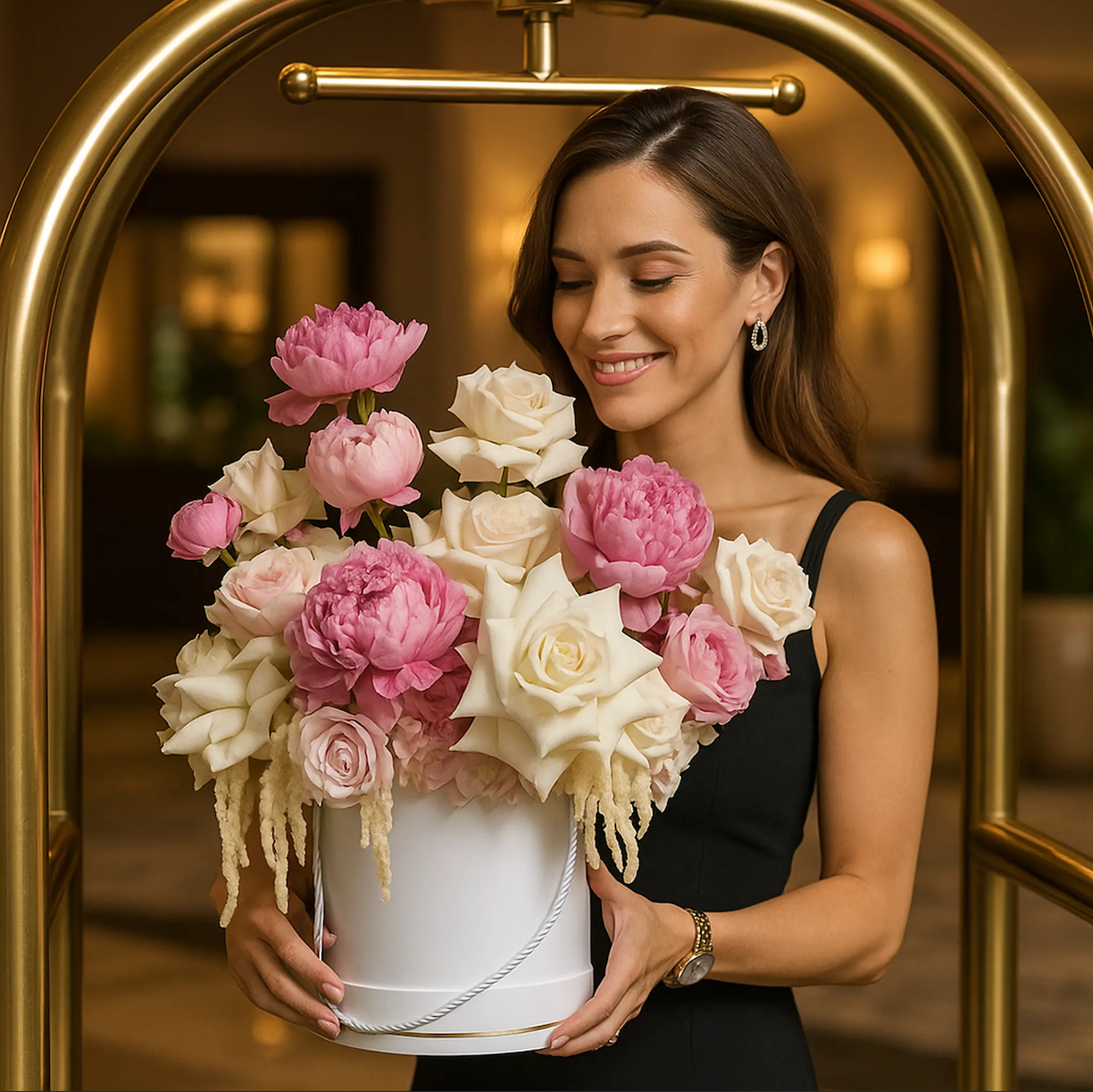 Elegant white and pink bouquet with peonies and roses â luxury floral delivery in a hotel cart, Miami