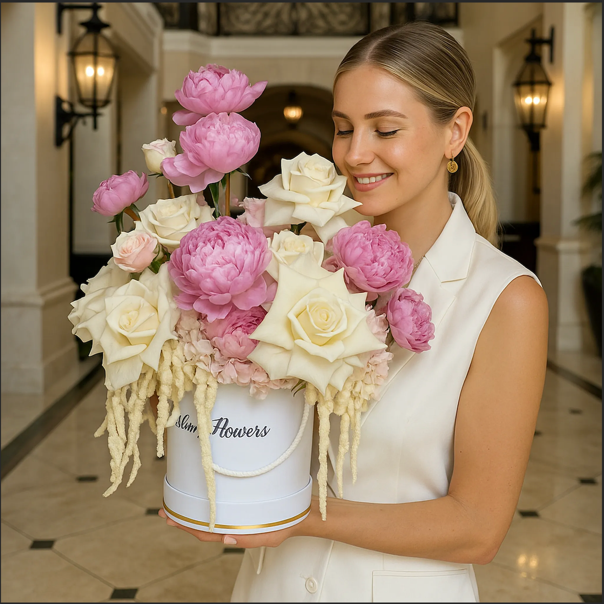 Luxury pink and ivory hand-tied bouquet â perfect gift for romantic moments in a premium hotel lobby, Miami
