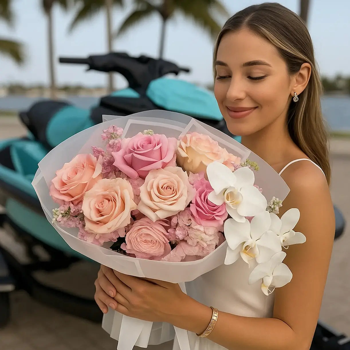 Romantic hand-tied bouquet with soft pink roses and orchids — waterfront luxury flower delivery Miami