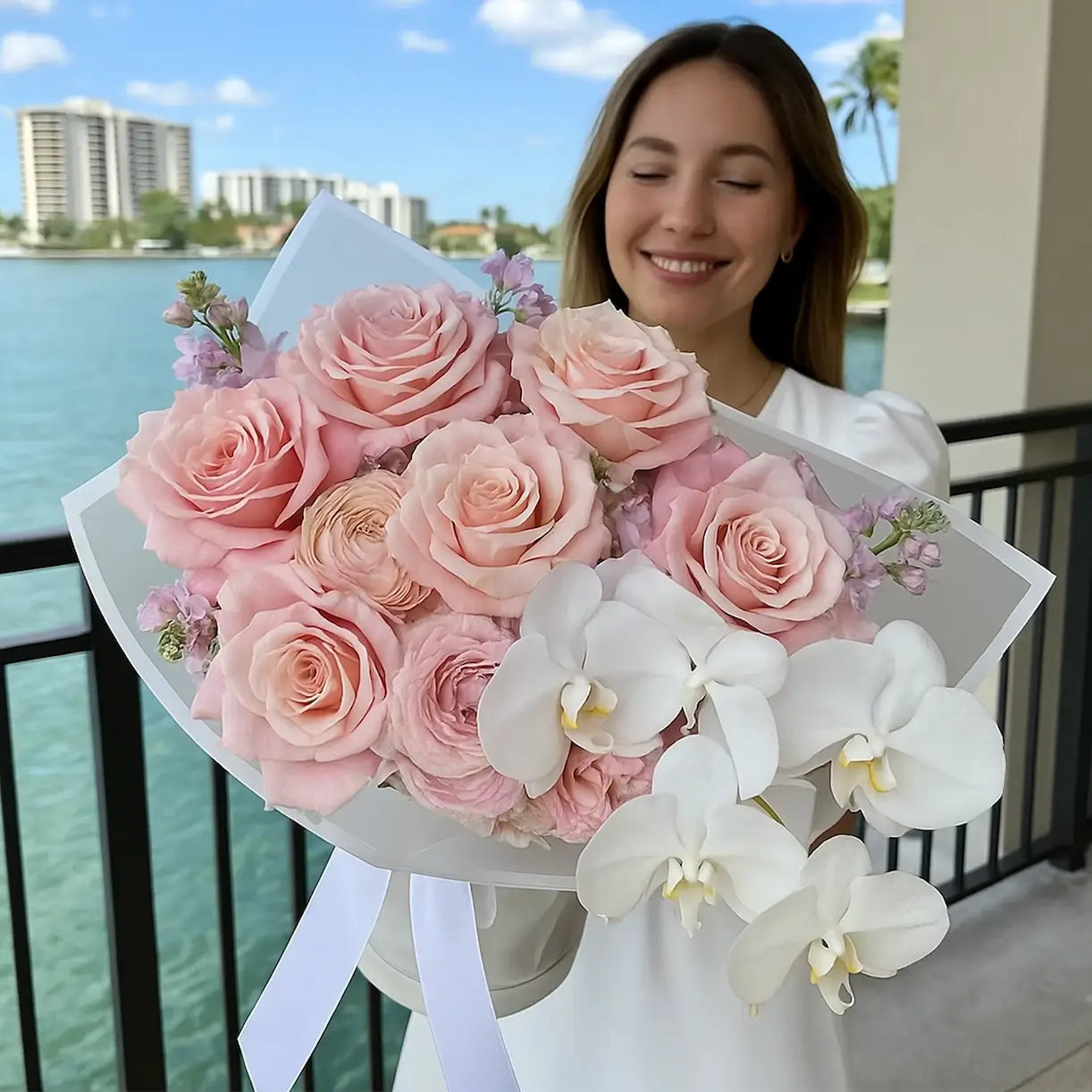 Pastel bouquet of roses and orchids near balcony — premium same-day flower delivery in Miami