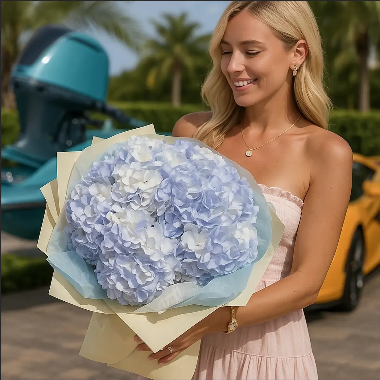Blue and white hydrangea bouquet held near yellow McLaren — luxury flower delivery Miami limited edition