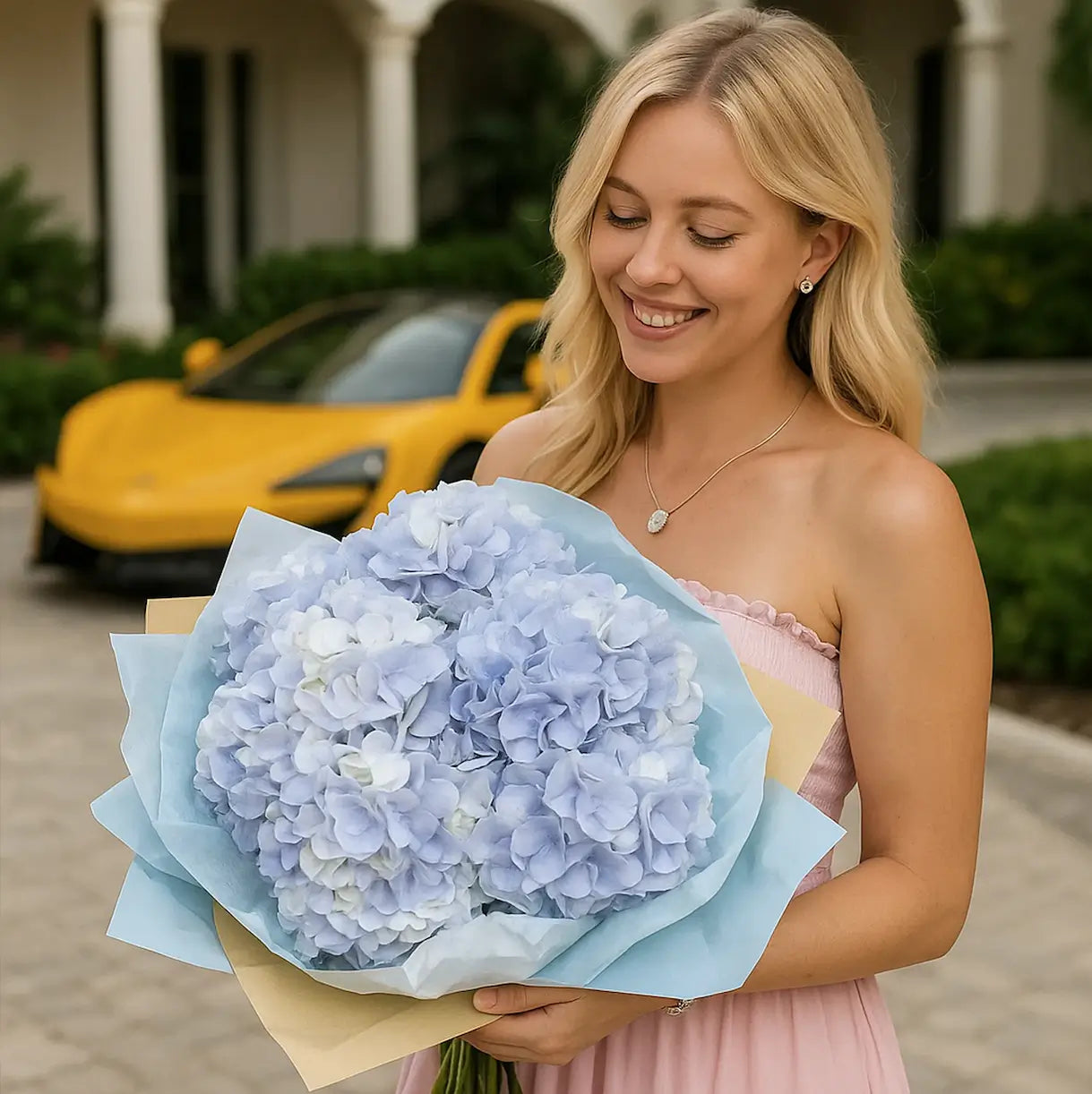 Cool blue hydrangeas in a hand-tied bouquet — elegant gift photo by villa with luxury car, same-day Miami delivery