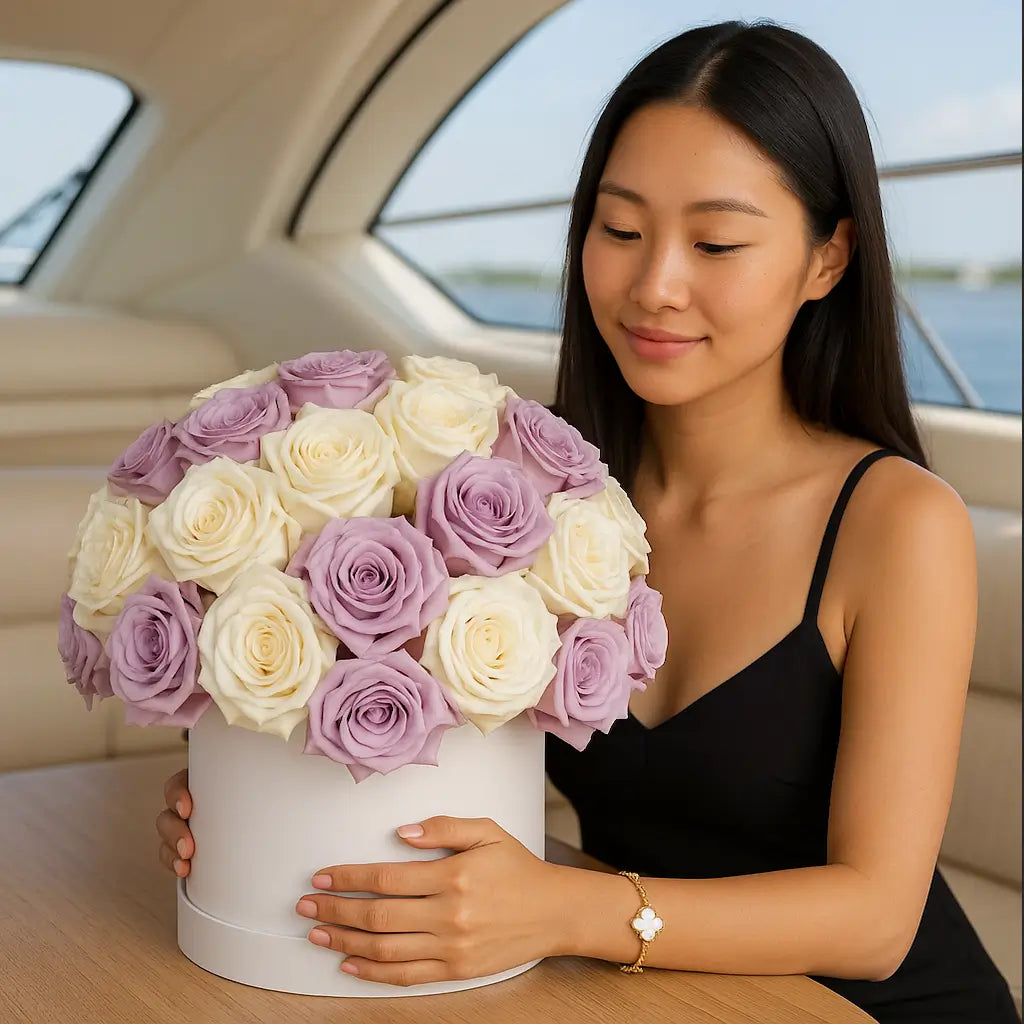 Blueberry Ice Cream floral box of lavender and ivory roses â luxury flower delivery Miami with same-day service