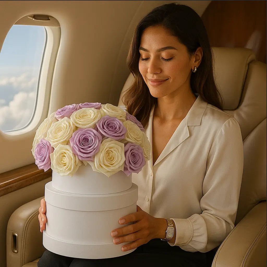 Blueberry Ice Cream floral arrangement of roses in a designer box â luxury flower delivery Miami on board a private jet