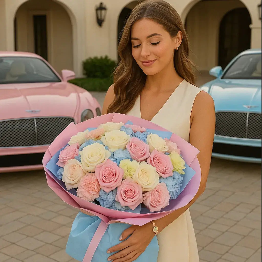 Boy or Girl? bouquet of roses, hydrangeas and carnations â limited luxury flower delivery Miami with pastel Bentleys