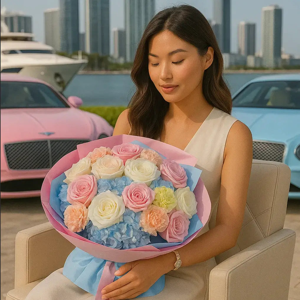 Boy or Girl? luxury bouquet of roses and hydrangeas â flower delivery Miami with pink and blue Bentley background