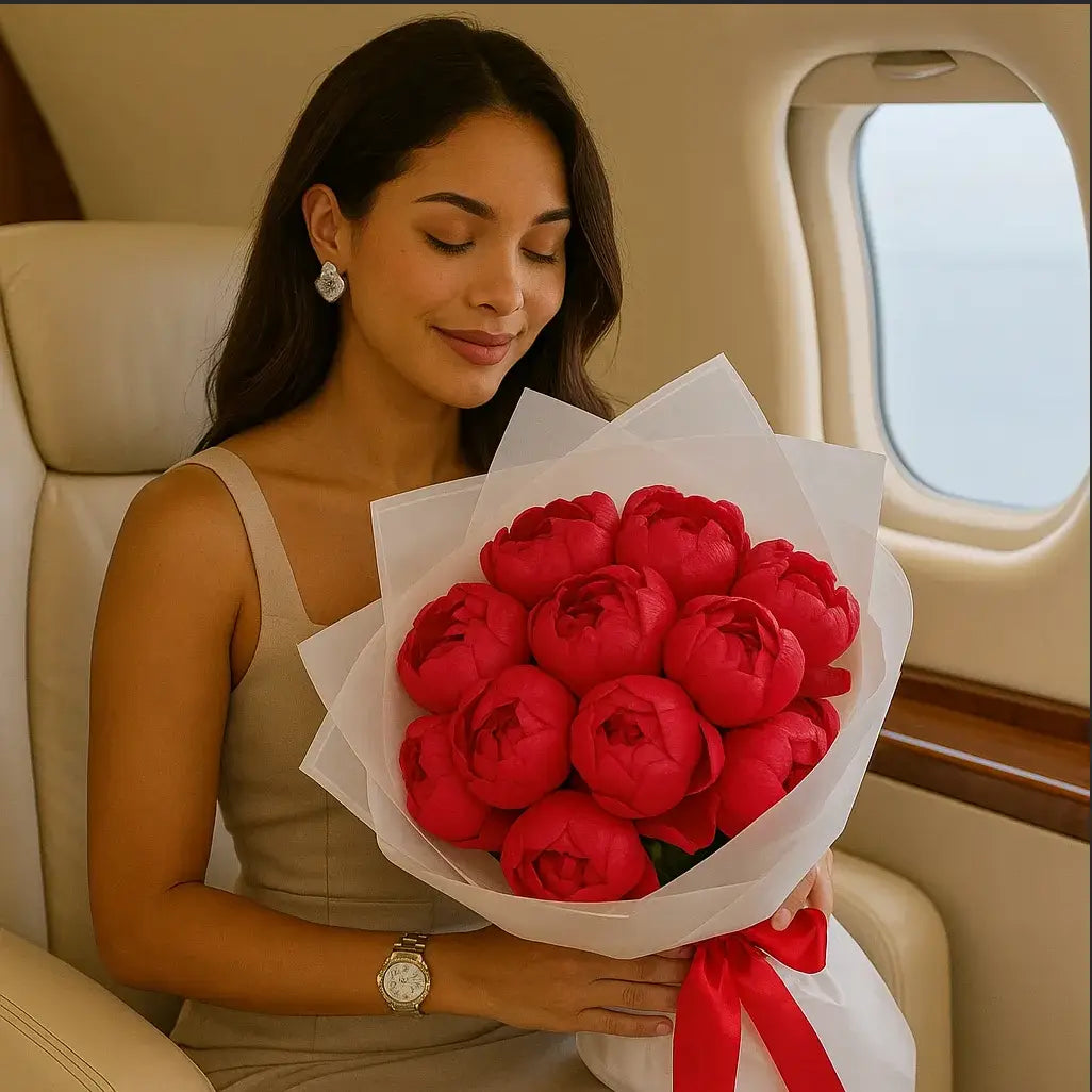Bright Pink Peonies luxury hand-tied bouquet — romantic flower delivery Miami on board a private jet