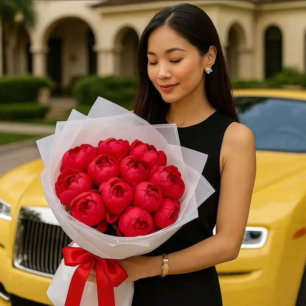 Bright Pink Peonies bouquet in white wrap — hand-tied luxury flower delivery Miami with yellow Rolls-Royce