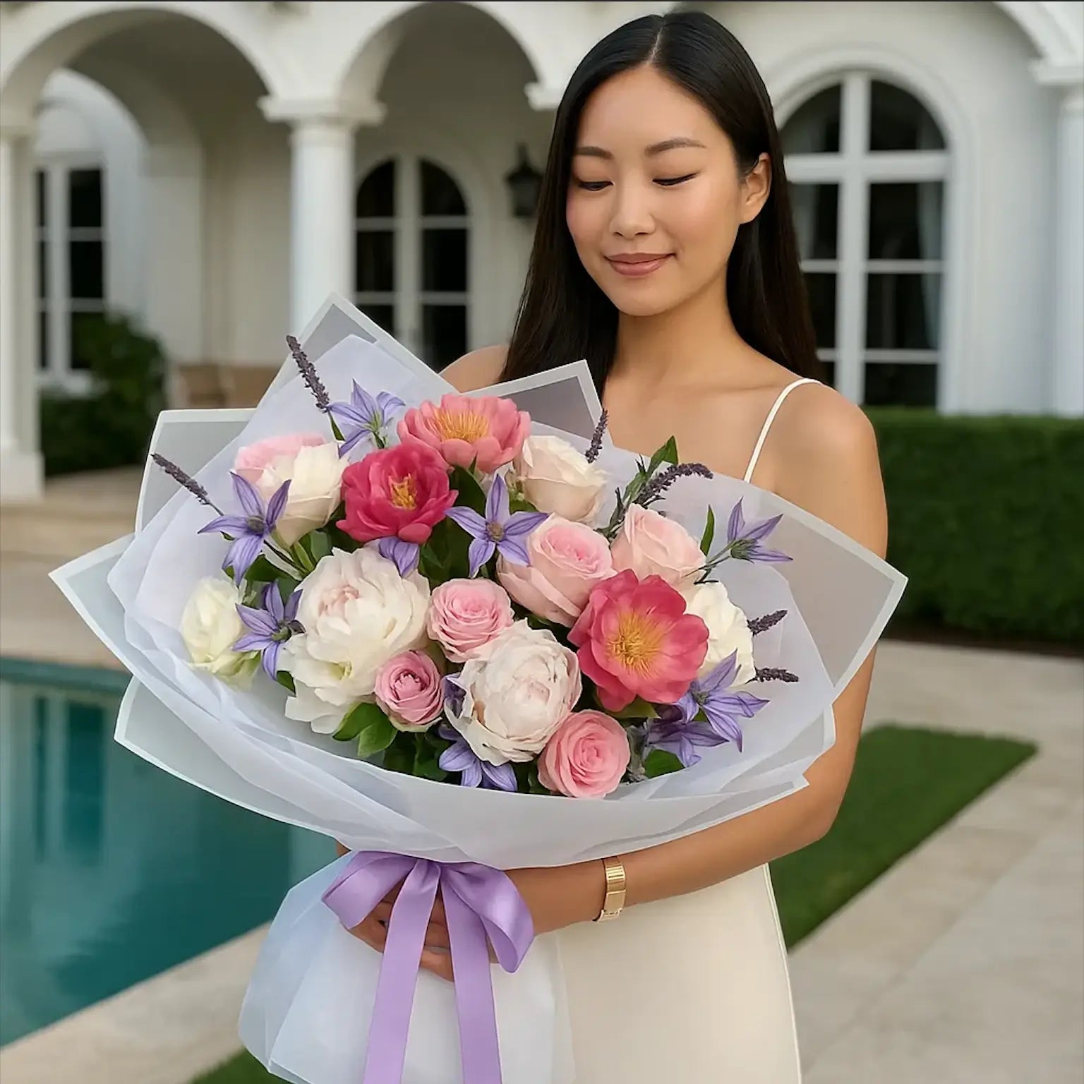 An elegant Asian woman with a floral bouquet at a luxury villa – captivating charm for romantic moments.