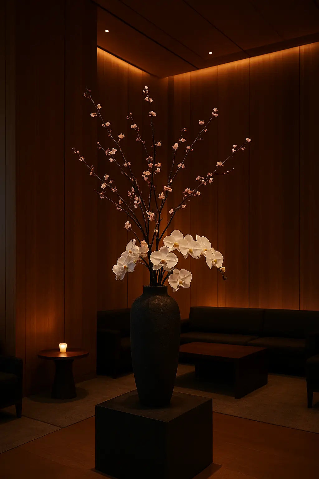 A luxurious Zuma Miami lounge interior with high ceilings, wooden panels, and soft ambient lighting. In the center stands a tall dark stone floor vase featuring a minimalist floral arrangement of sakura branches and white orchids, embodying Japanese elegance and refined minimalism.