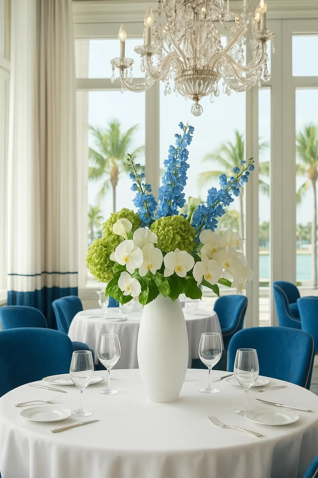 Elegant floral arrangement Chandelier Harmony with green hydrangeas, white orchids, and blue delphiniums in an oval matte vase under chandeliers with ocean view