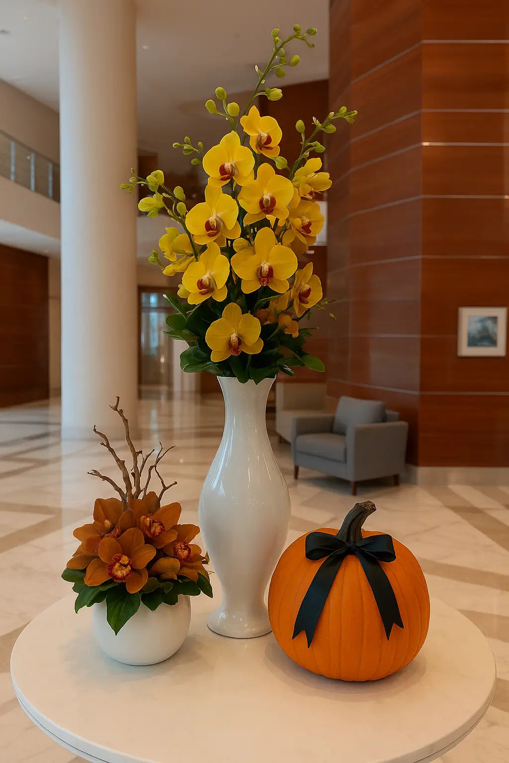 Luxury floral arrangement at Château Beach Residences – elegant orchids and seasonal design for upscale Miami interiors