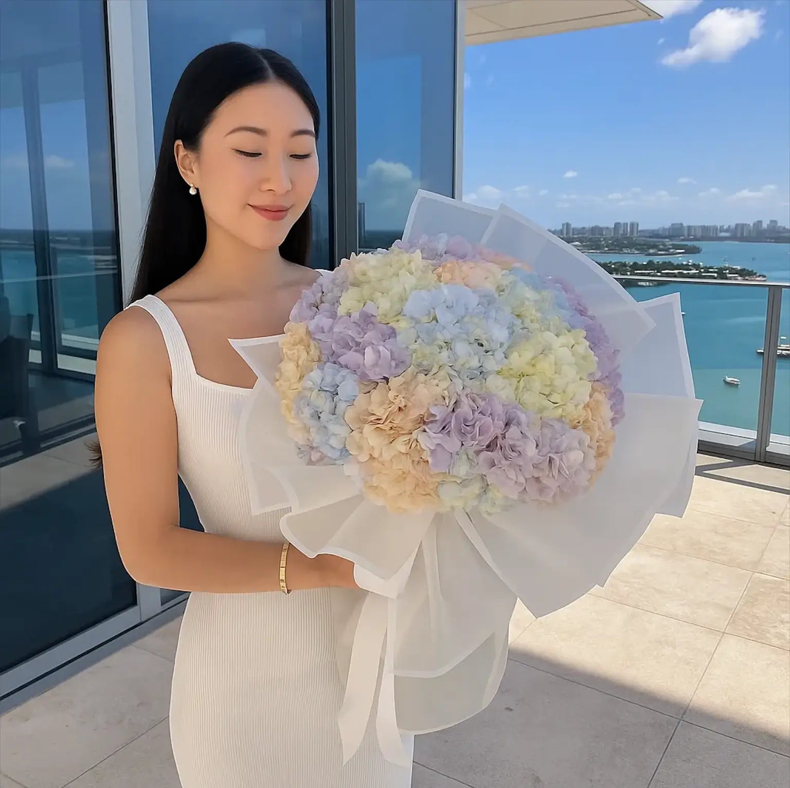 An elegant brunette with a hydrangea bouquet in a penthouse – Cinderella smile for elegant gifting.