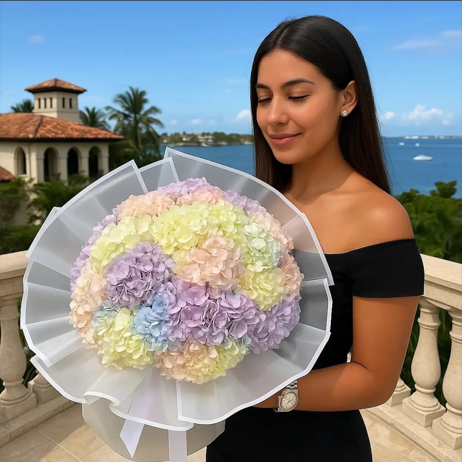 A young Spanish woman holding a large hydrangea bouquet at a villa – Cinderella smile in soft pastel tones.