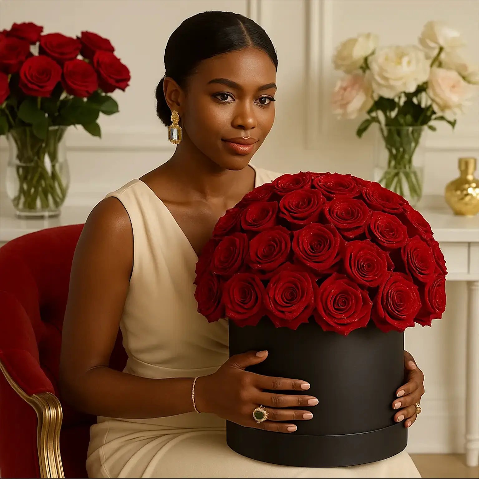 A stylish African American woman in a cream room with a designer box of red roses â classic elegance.