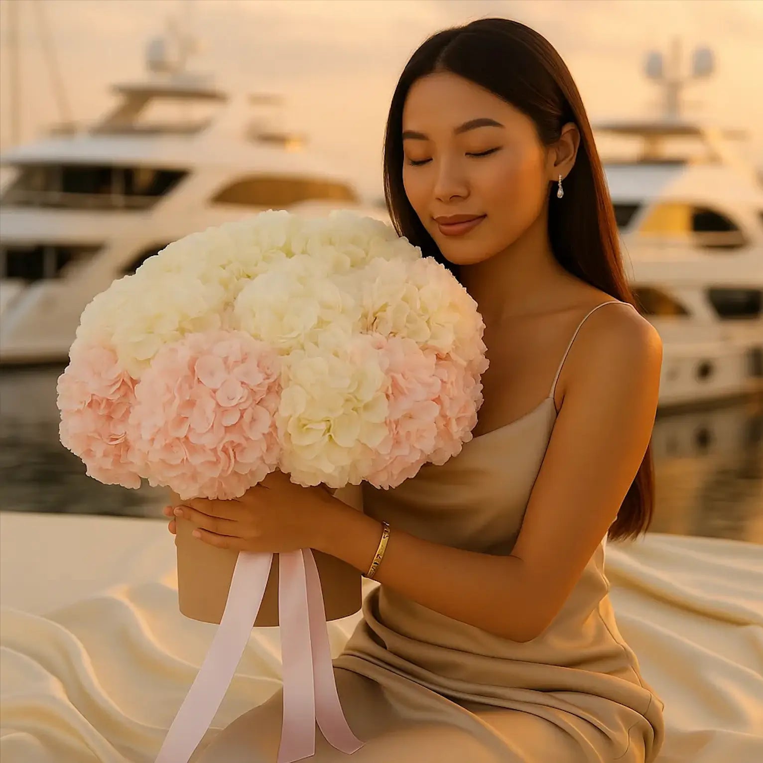 A bouquet in soft pink tones held by a woman near a marina – cloud at sunrise luxury moment.