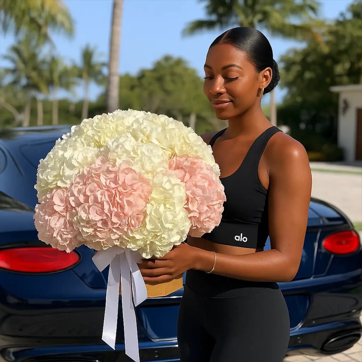 A sporty chic woman beside a luxury car holding a cloud-colored bouquet – soft pink tones, unforgettable.