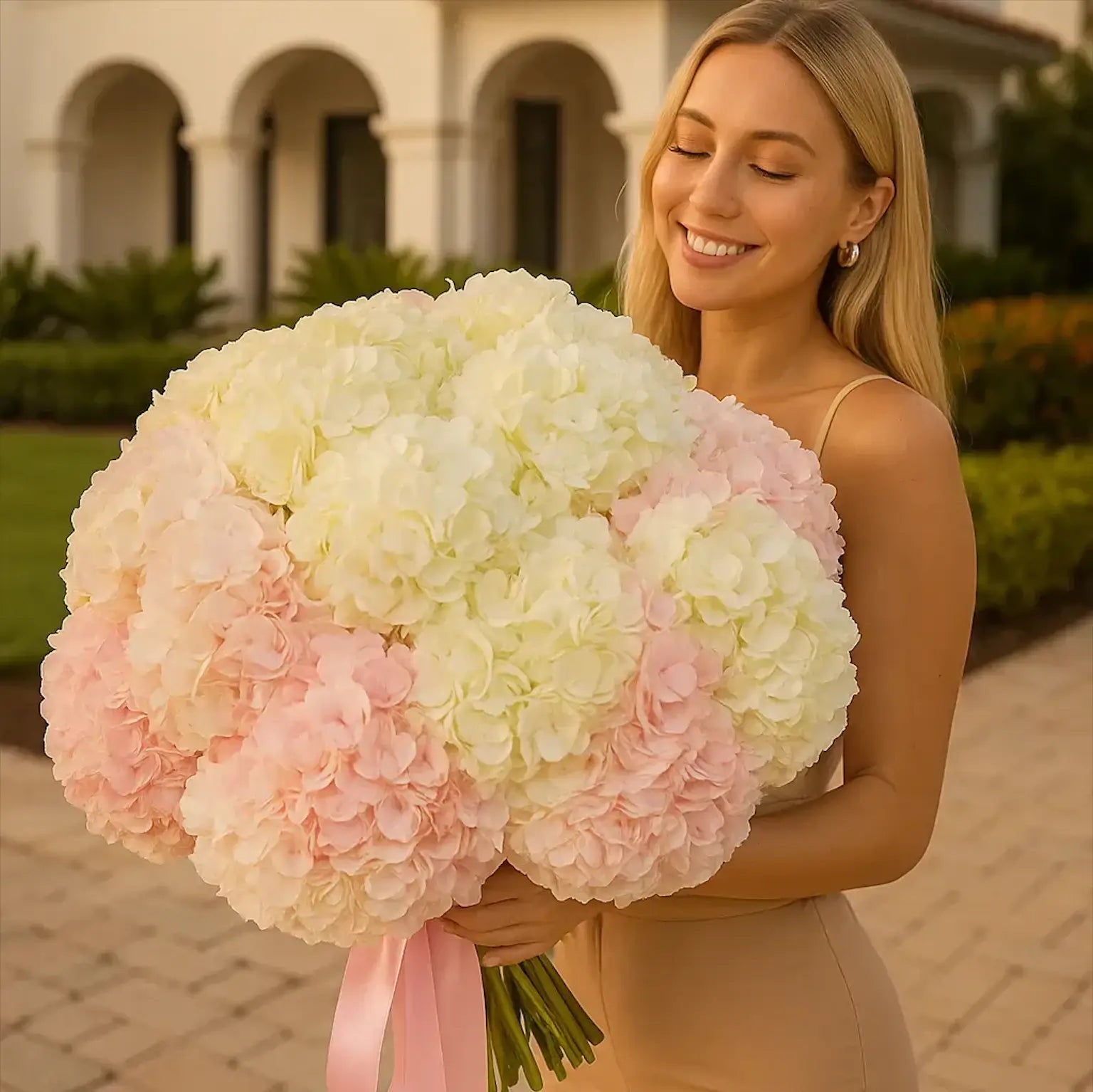 A smiling blonde woman with a large bouquet near a villa – cloud at sunrise in pink and white tones.