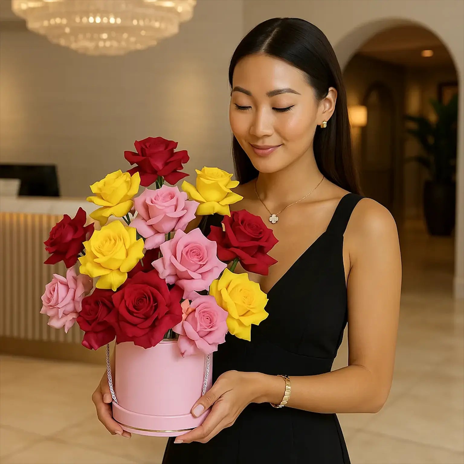 A fit woman in a gym reception holding a bright mixed-roses bouquet â color carnival for elegant gifting.