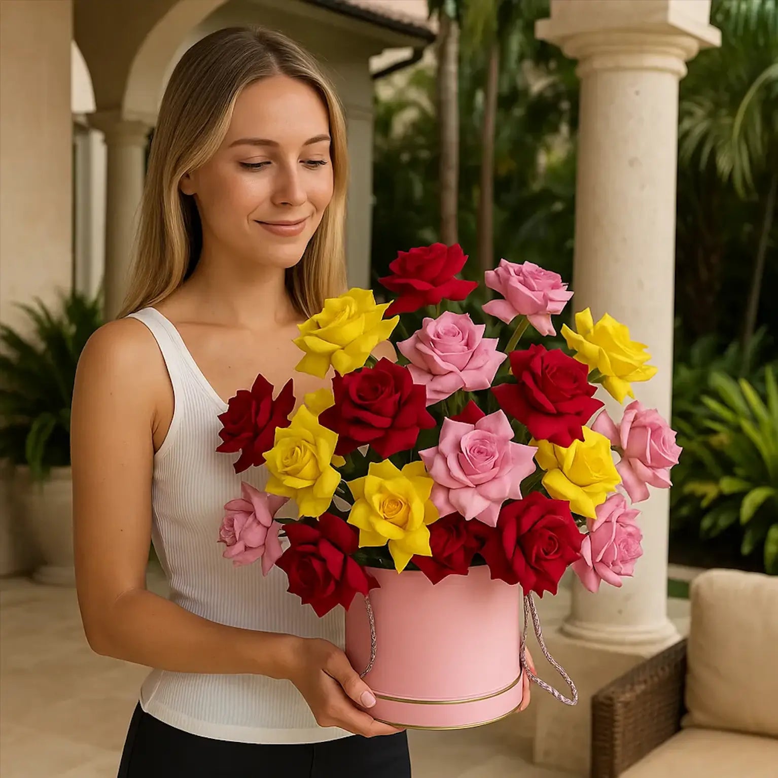 A cheerful woman in a stylish villa holding a vibrant bouquet â color carnival with a luxury twist.