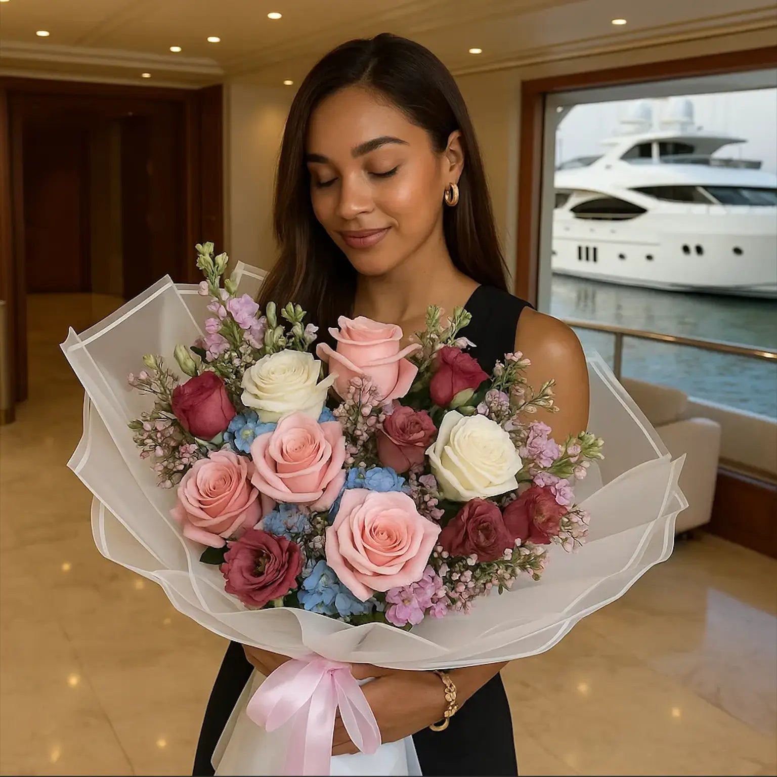 A graceful woman in a yacht room with a rich floral bouquet – colourful blues in soft pink tones.