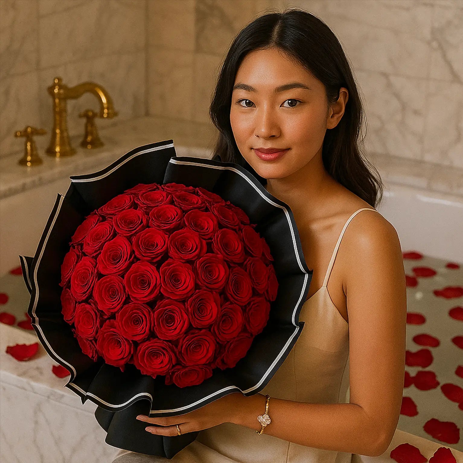 Crimson Elegance bouquet with red roses â luxury flower delivery Miami for romantic bath moments