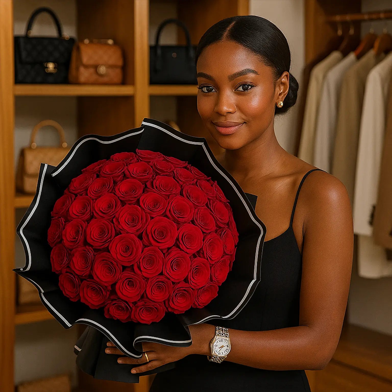 Crimson Elegance hand-tied bouquet with red roses â luxury flower delivery Miami for premium wardrobe moments