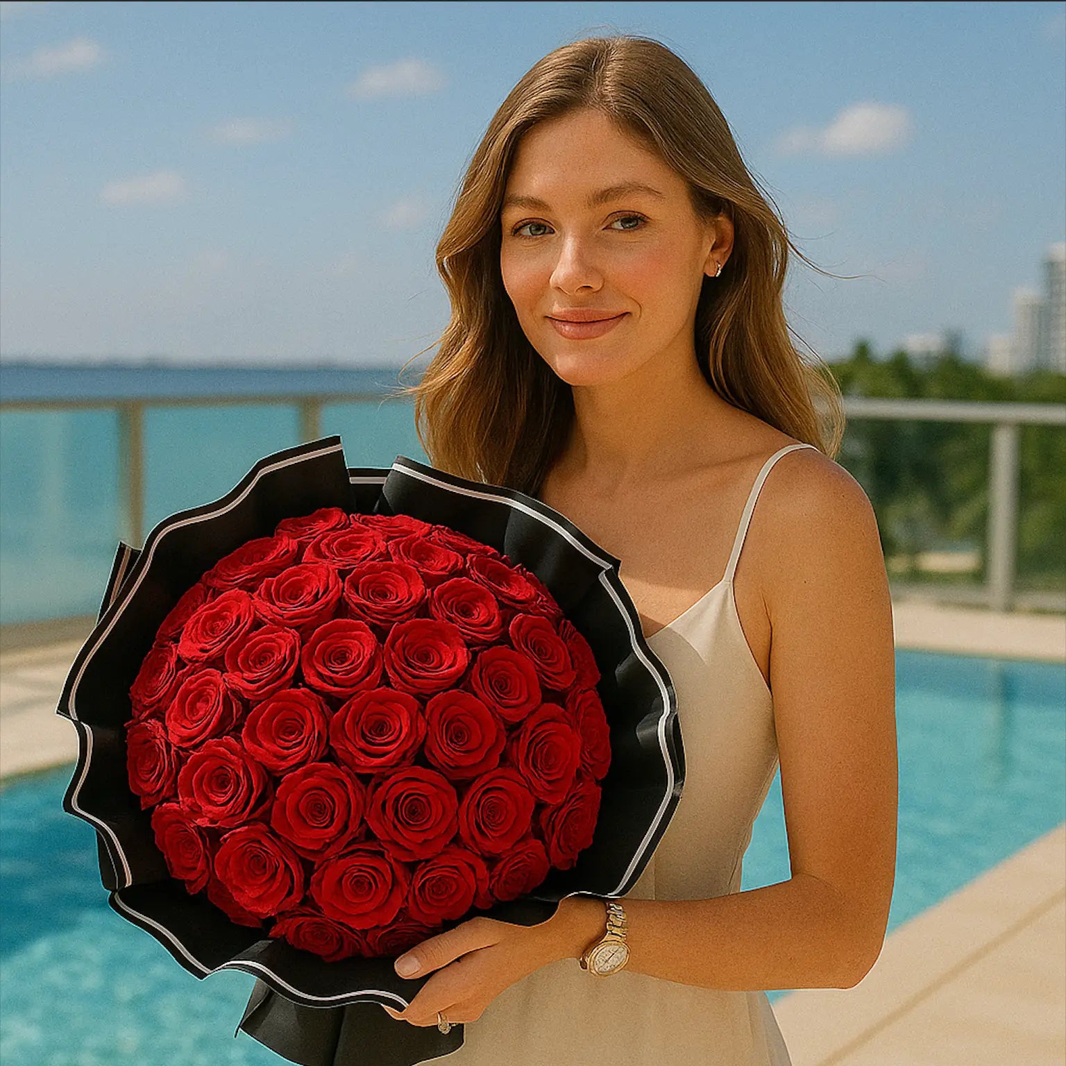 Crimson Elegance hand-tied bouquet with red roses â luxury flower delivery Miami for poolside gifting