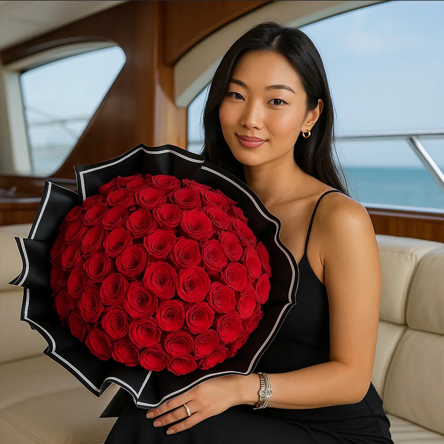 Crimson Elegance hand-tied bouquet with red roses â luxury flower delivery Miami for romantic gifting