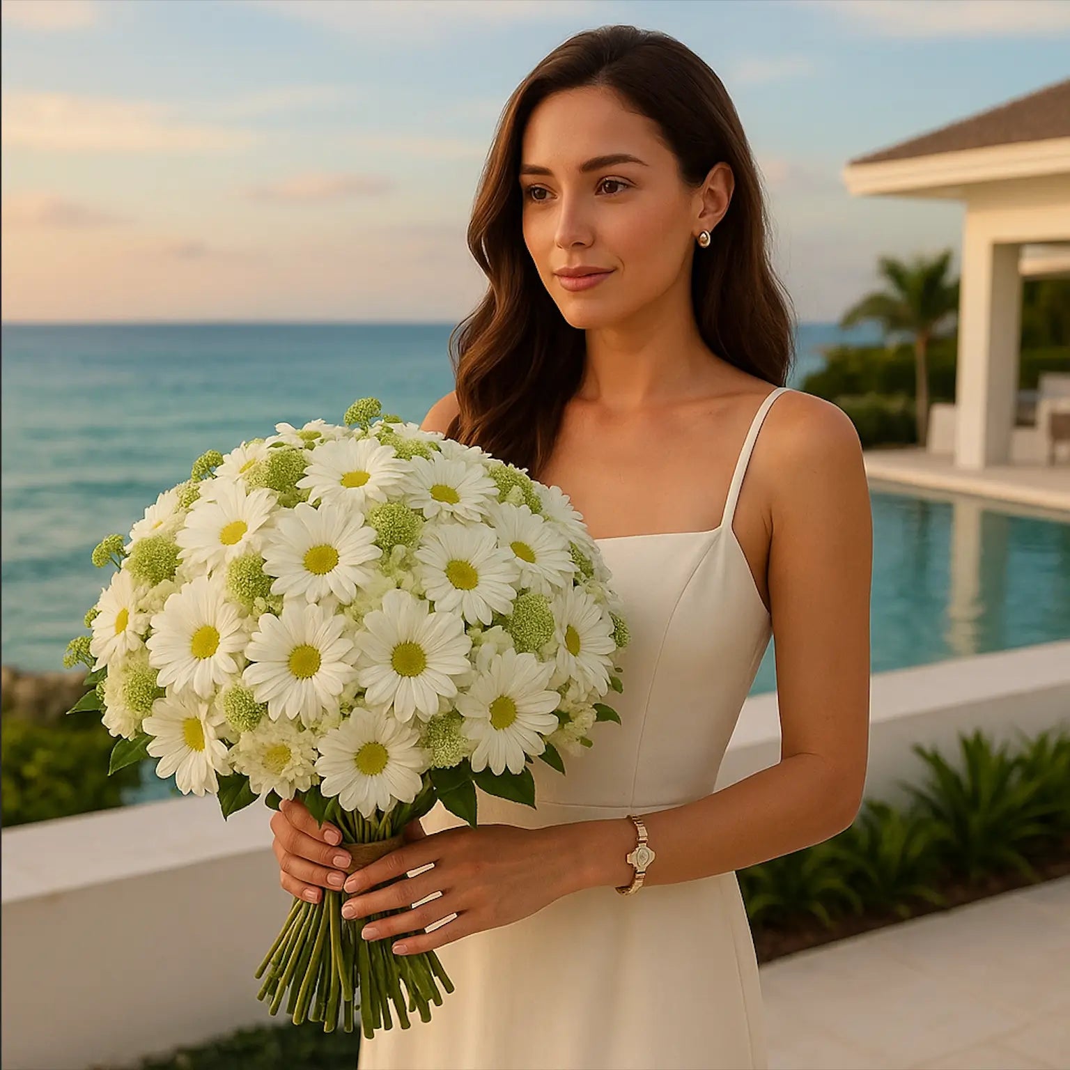 Daisies Field hand-tied bouquet with white daisies â luxury flower delivery Miami at oceanfront villa for unforgettable moments