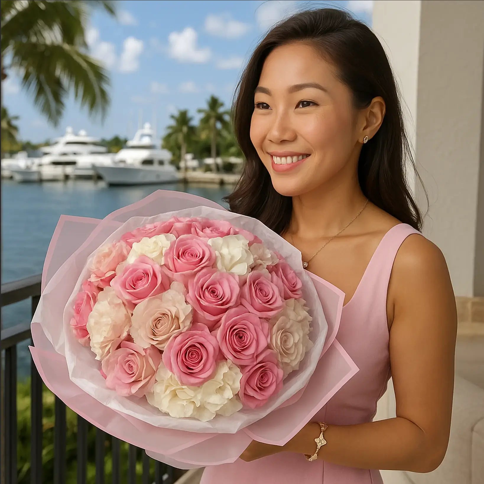 Luxury bouquet of pink roses and hydrangeas on a balcony with marina view â hand-tied for romantic flower delivery in Miami