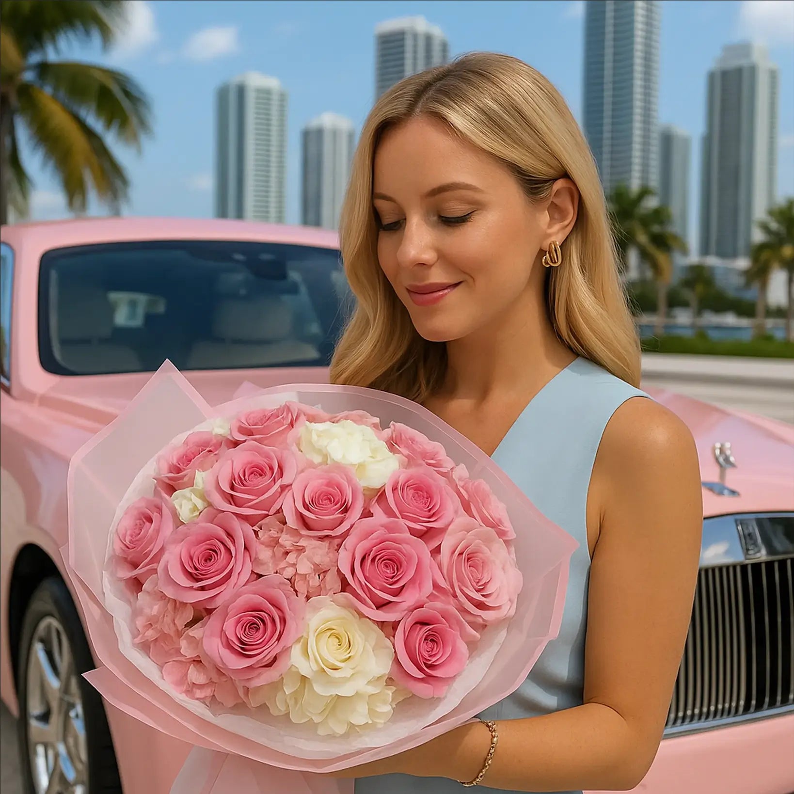 Romantic bouquet of pink roses and hydrangeas with blonde woman near pink Rolls-Royce â perfect for luxury flower delivery in Miami