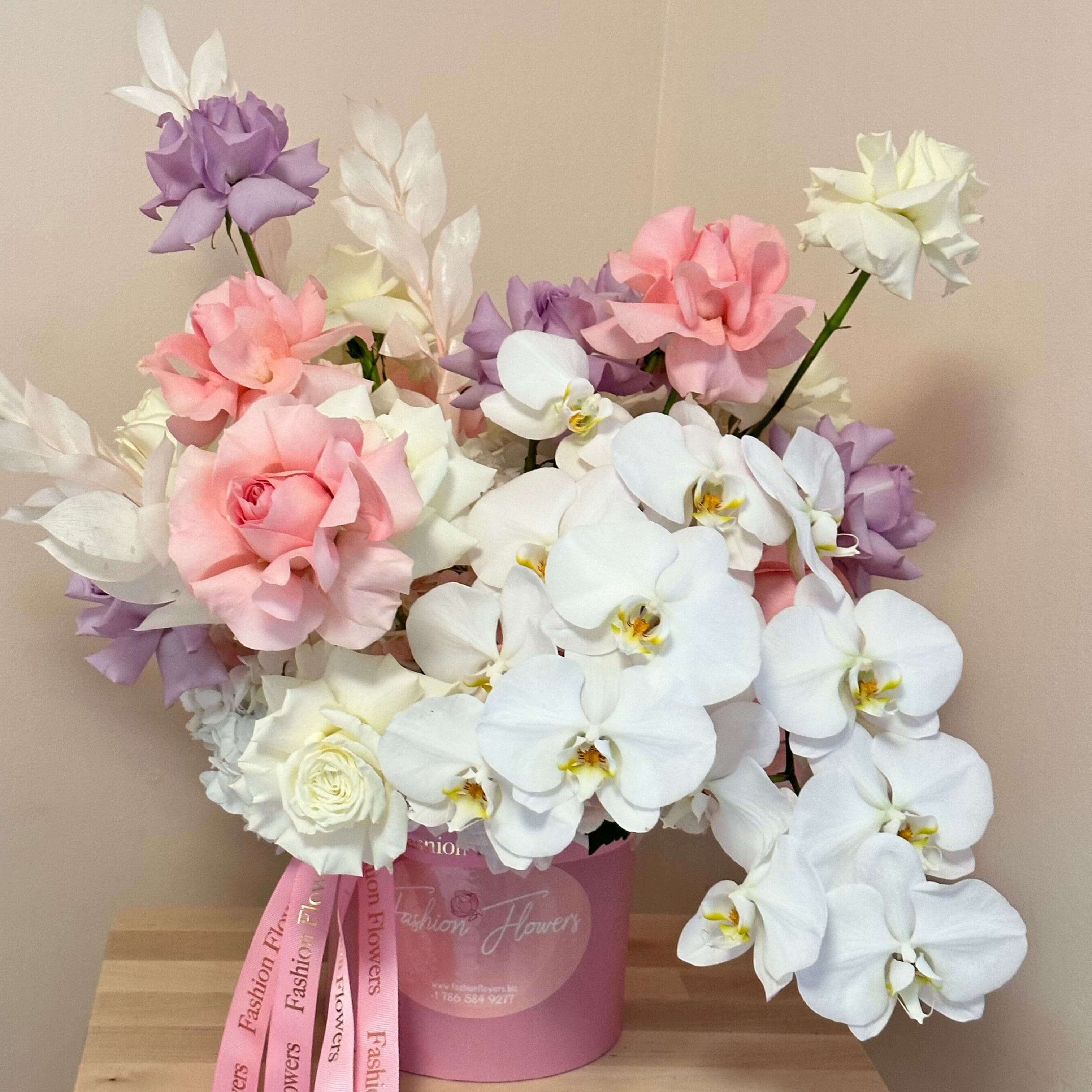 Dreamy Angel luxury floral box with soft pink tones on a villa terrace â same-day flower delivery in Miami