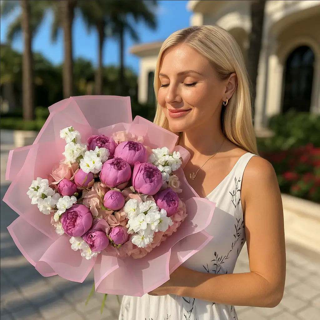 A young blonde woman in a white luxury dress gently smiles while holding a lush bouquet Enchanting Garden of pink peonies and white stock flowers in front of a Mediterranean villa