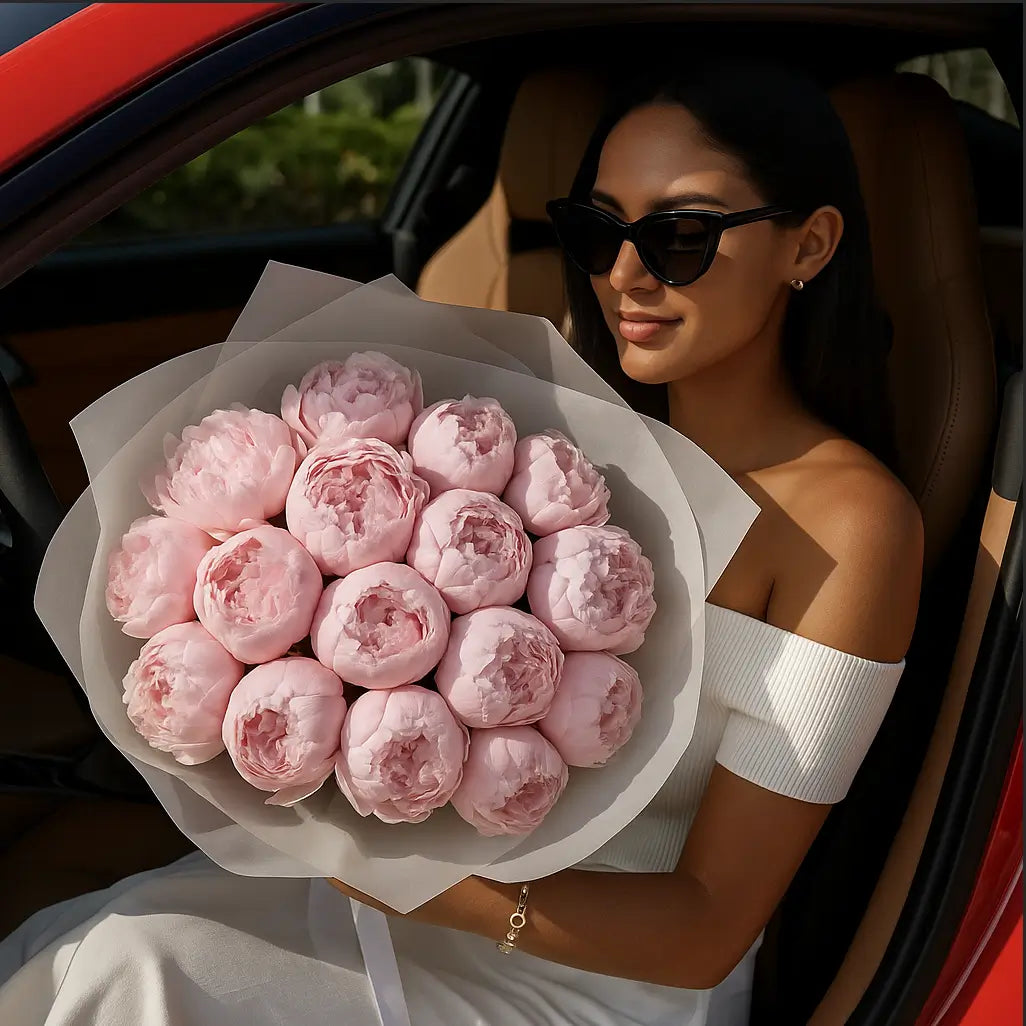 Luxury bouquet Enchanting Peony - of soft pink peonies in a red sports car with a stylish Hispanic woman â same-day flower delivery Miami
